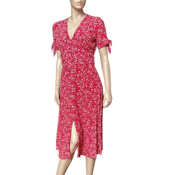 Rouje Laura Midi Dress Red Floral Print Sz 36 Short Sleeves V-Neck 100% Viscose - Picture 1 of 16